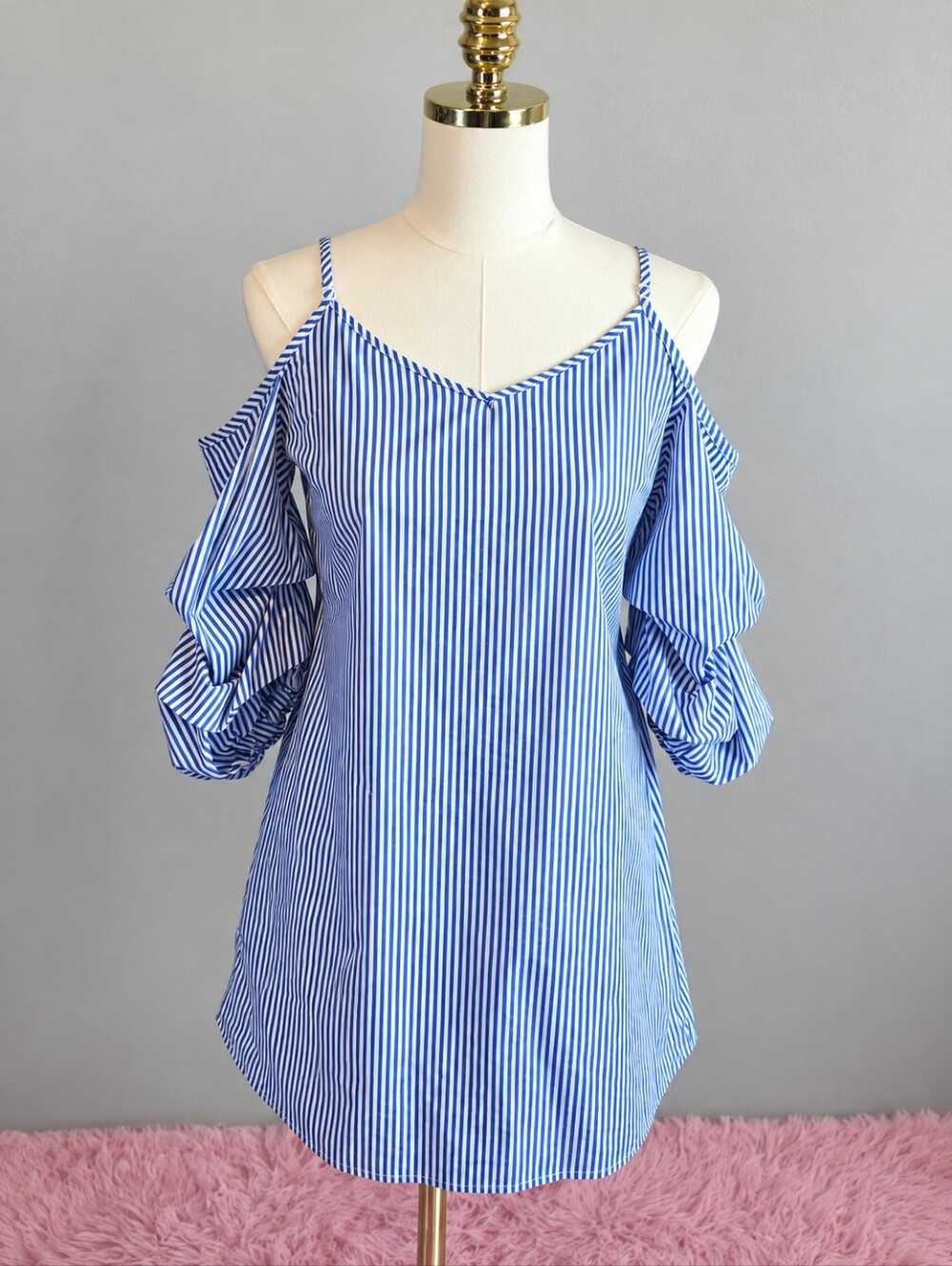 Ambiance Blue White Pinstripe Cold Shoulder Ruffle Sleeve Dress S